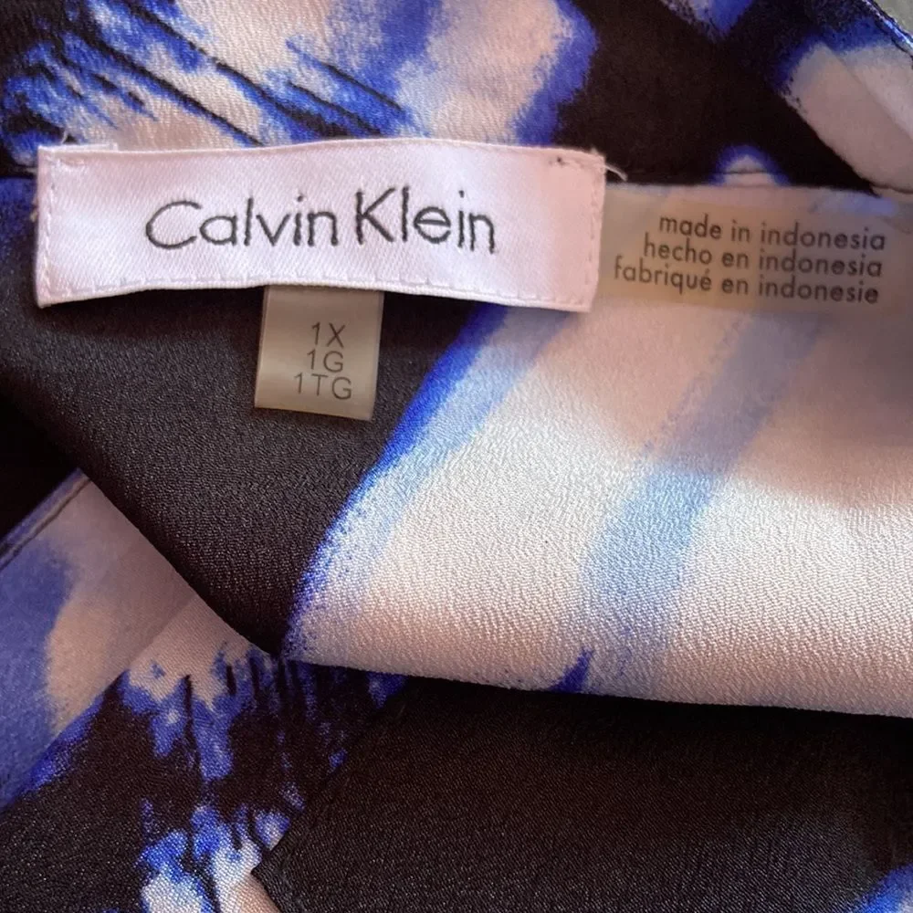 Calvin Klein Plus 1X Women's Blue/Black Button Front Blouse Office Chic